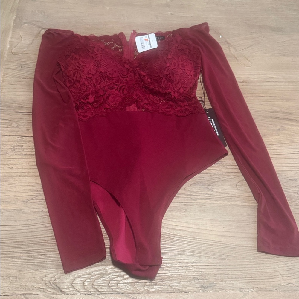 Haute Monde. Burgundy Lace Off-Shoulder Bodysuit